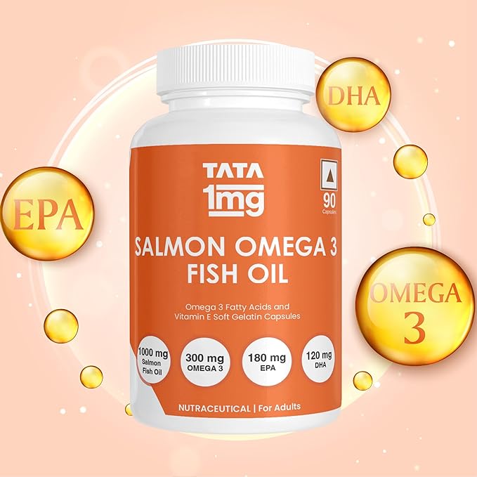 TATA 1mg Salmon Omega 3 Fish Oil 1000mg, Fish Oil Capsule with Omega-3 (1000mg), EPA (180mg) & DHA (120mg)