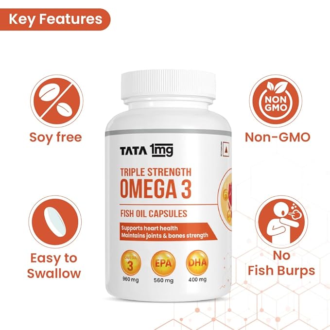 Tata 1mg Triple Strength Omega 3(960mg), EPA(560mg) & DHA (400mg) Fish Oil Capsule
