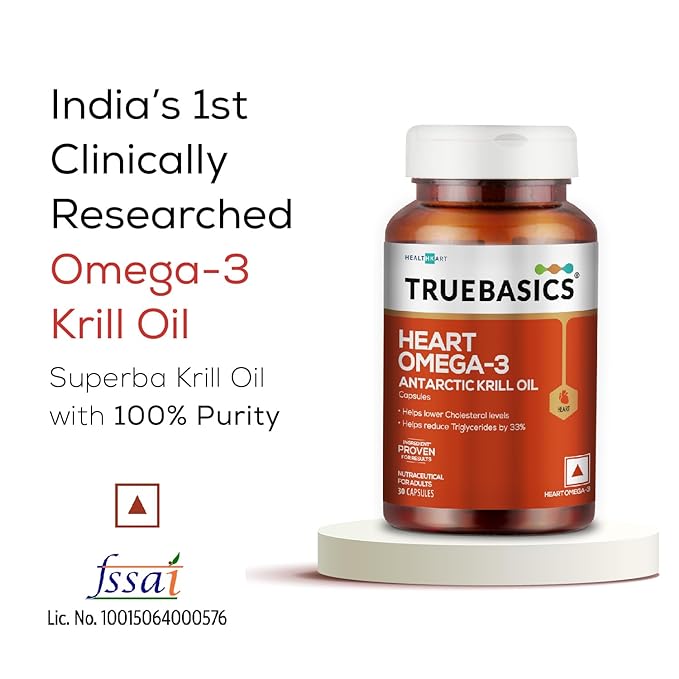 TrueBasics Heart Omega 3 Antarctic Krill Oil | for Healthy Heart | Reduces Cholesterol and Triglycerides