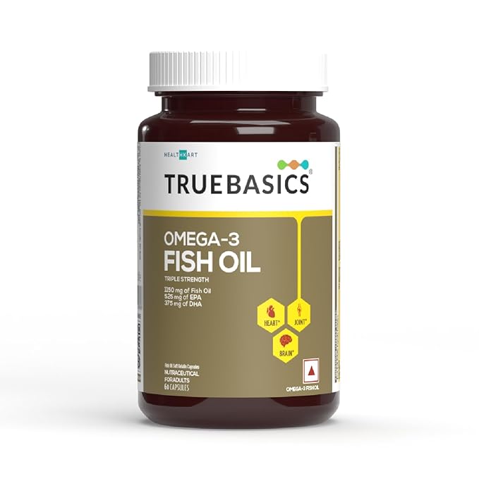 TrueBasics Omega 3 Fish Oil Capsules for Women and Men | Triple Strength with 1250 mg Omega 3 | 560 mg EPA and 400 mg DHA