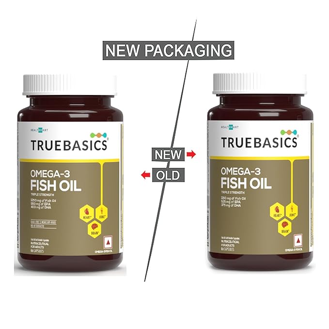 TrueBasics Omega 3 Fish Oil Capsules for Women and Men | Triple Strength with 1250 mg Omega 3 | 560 mg EPA and 400 mg DHA