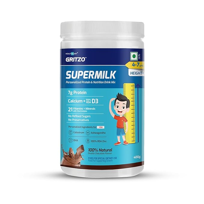 Gritzo SuperMilk Height+ (4- 7y Kids) | 7g Protein with Zero Refined Sugar | Double Chocolate