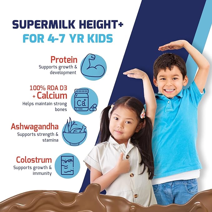 Gritzo SuperMilk Height+ (4- 7y Kids) | 7g Protein with Zero Refined Sugar | Double Chocolate