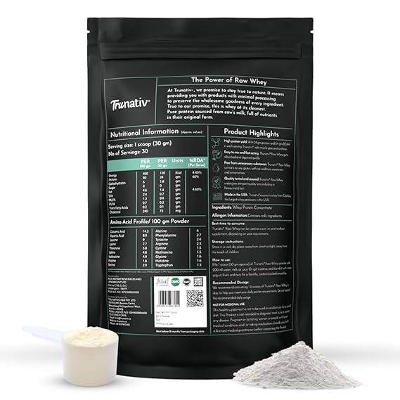 TruNativ Raw Whey Protein Concentrate Powder for Muscle Support and Recovery | 24 gm Protein | 5 gm BCAA | Unflavoured