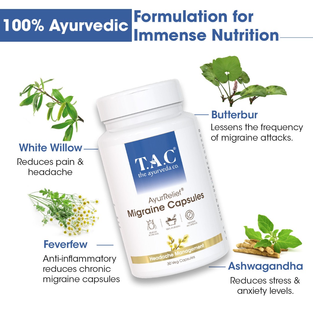 TAC - The Ayurveda Co. AyurRelief Migraine Capsules for Severe Headache and Improves Sleep Quality