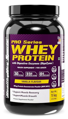 HealthyHey Nutrition Sports Whey Protein Concentrate 80% Protein with Digestive Enzymes, Vanilla Flavoured