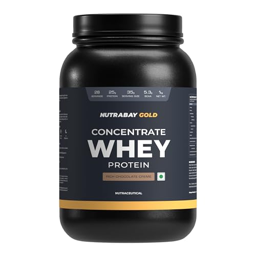 Nutrabay Gold 100% Whey Protein Concentrate with Digestive Enzymes | 25g Protein | Rich Chocolate Cream