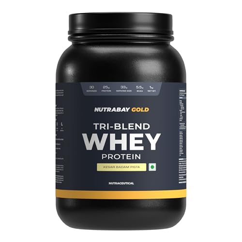 Nutrabay Gold Tri Blend Whey Protein Powder | 25g Protein | 5.5g BCAA | Kesar Badam Pista