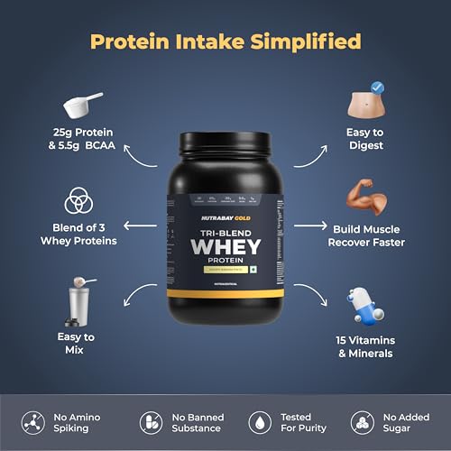 Nutrabay Gold Tri Blend Whey Protein Powder | 25g Protein | 5.5g BCAA | Kesar Badam Pista
