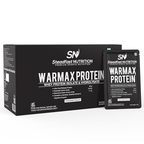 Steadfast Nutrition Warmax Whey Isolate and Hydrolysate Protein Powder | 32g Protein with L Carnitine | EAAs | BCAAs and Rose Hip Extract | Chocolate