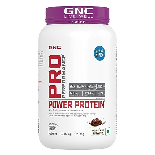 GNC Pro Performance Power Protein | 30g Protein | 1.5g Creatine | 2.2g L Glutamine | Muscle Mass | Double Rich Chocolate