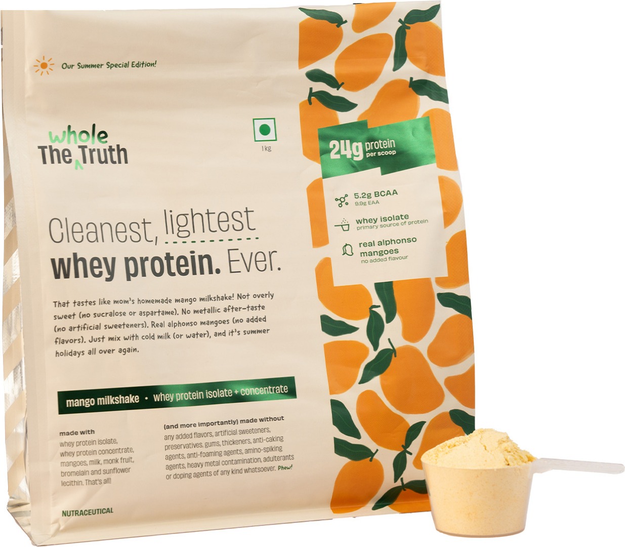 The Whole Truth Whey Protein | Isolate and Concentrate | 24g Protein | 100% Authentic | Mango Milkshake