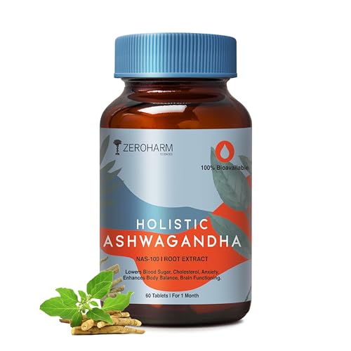 ZEROHARM Holistic Ashwagandha | 100% Water Soluble | Bioavailable | Stress Relief | 60 Tablets
