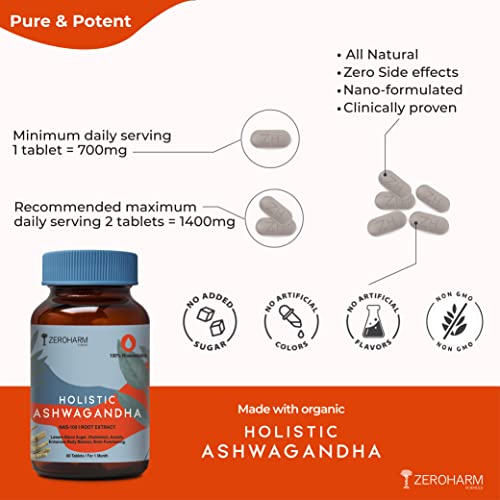 ZEROHARM Holistic Ashwagandha | 100% Water Soluble | Bioavailable | Stress Relief | 60 Tablets