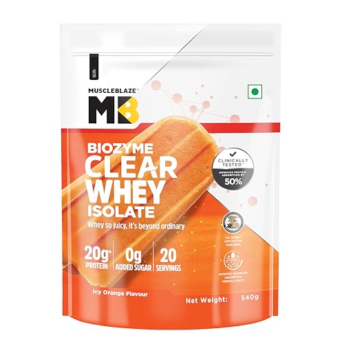 MuscleBlaze Biozyme Clear Whey Isolate | 20g Protein | 92 Calories | Zero Added Sugar | Icy Orange
