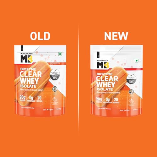 MuscleBlaze Biozyme Clear Whey Isolate | 20g Protein | 92 Calories | Zero Added Sugar | Icy Orange