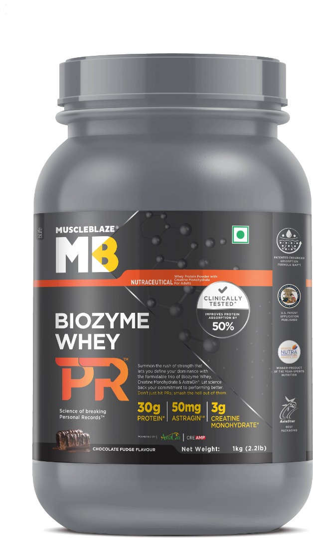 MuscleBlaze Biozyme Performance Whey PR | 30g Protein | 3g Creatine | AstraGin | 50% Higher Absorption | EAF | Chocolate Fudge