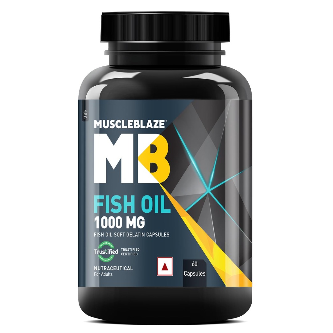 MuscleBlaze Omega-3 Fish Oil 1000mg | 180mg EPA & 120mg DHA | Labdoor USA Certified | Joint & Heart Health
