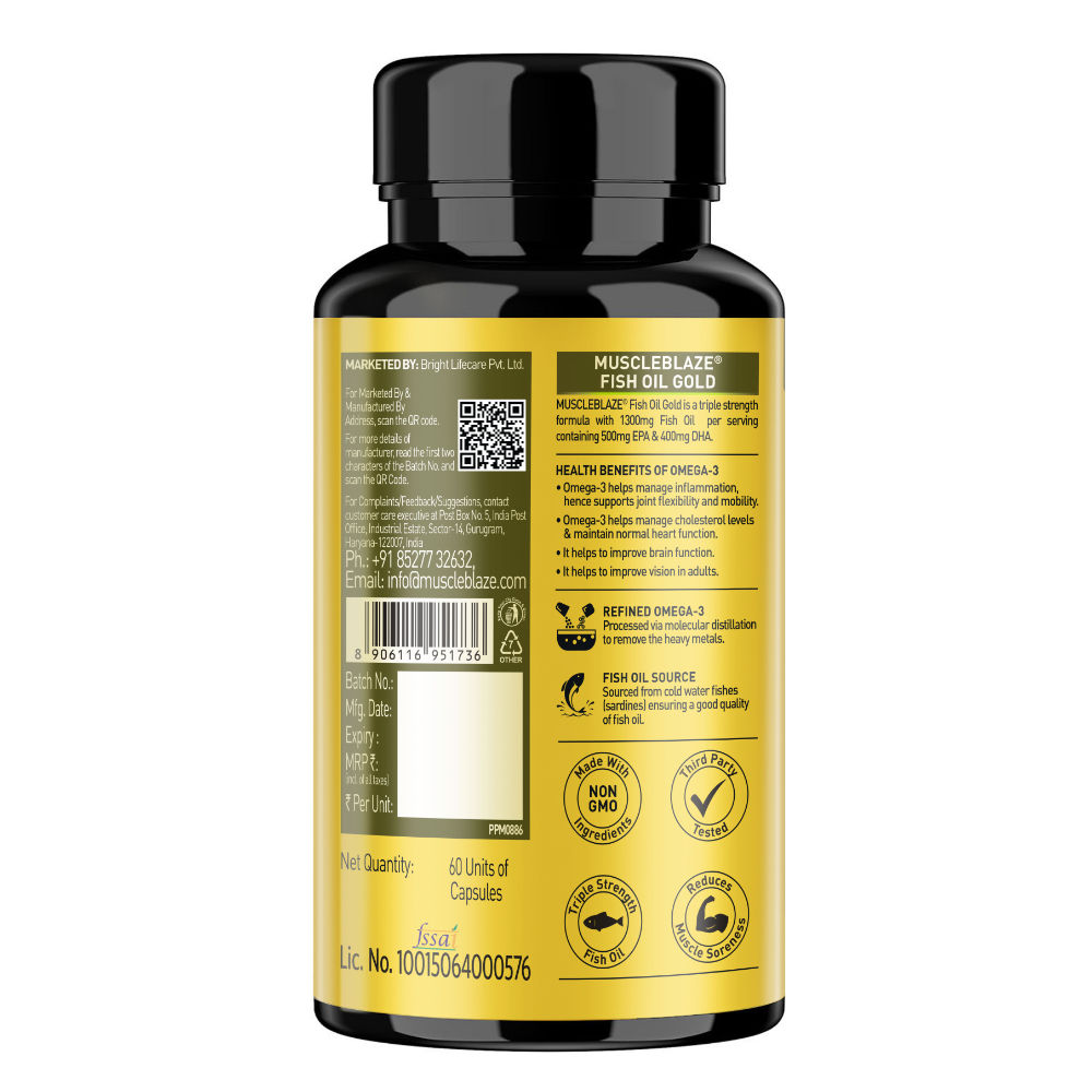MuscleBlaze Omega-3 Fish Oil Gold | Triple Strength 1250mg | 560mg EPA & 400mg DHA | Heart & Brain Health