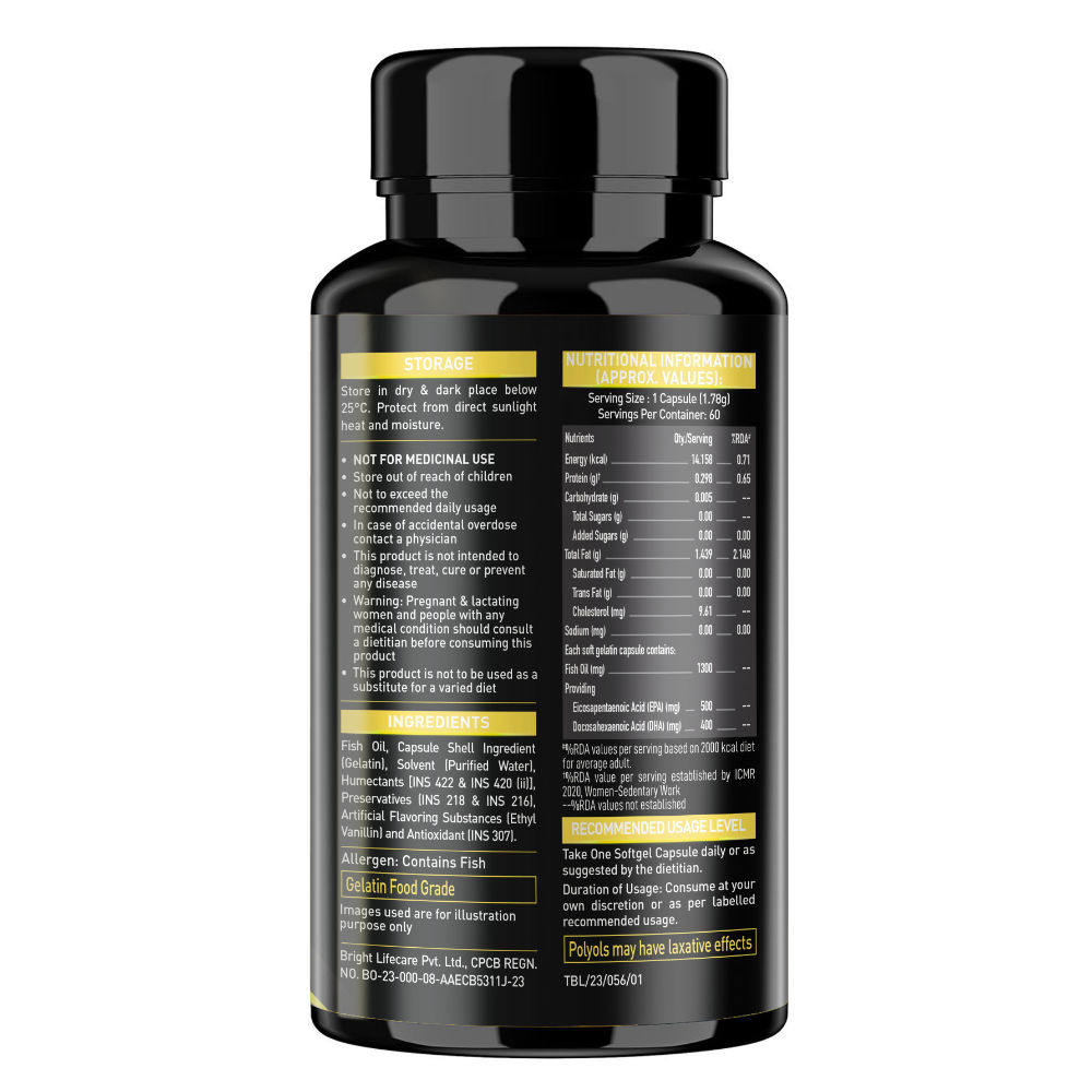 MuscleBlaze Omega-3 Fish Oil Gold | Triple Strength 1250mg | 560mg EPA & 400mg DHA | Heart & Brain Health
