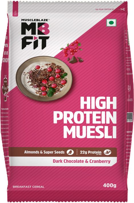 MuscleBlaze High Protein Muesli | 18 - 19g Protein | Superseeds | Raisins & Almonds | Dark Chocolate Cranberry