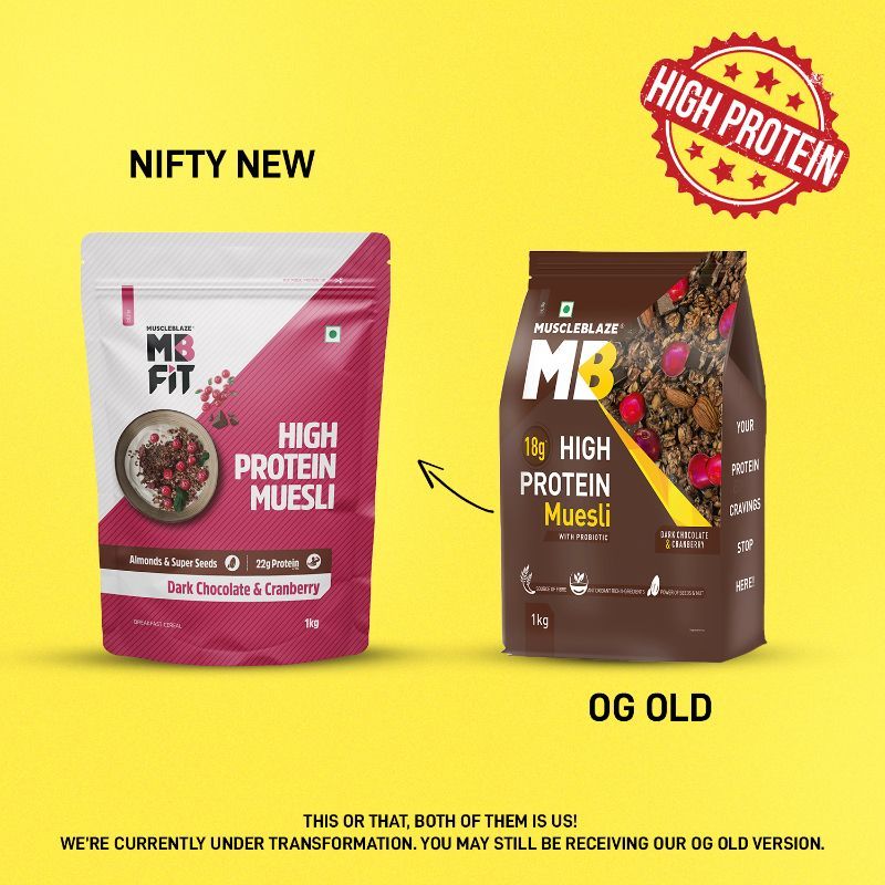 MuscleBlaze High Protein Muesli | 18 - 19g Protein | Superseeds | Raisins & Almonds | Dark Chocolate Cranberry