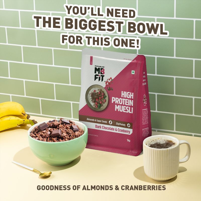 MuscleBlaze High Protein Muesli | 18 - 19g Protein | Superseeds | Raisins & Almonds | Dark Chocolate Cranberry