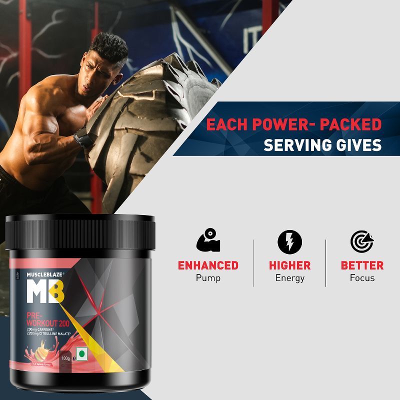 MuscleBlaze Pre-Workout 200 | 200mg Caffeine | 2200mg Citrulline | Energy & Focus | Fruit Splash