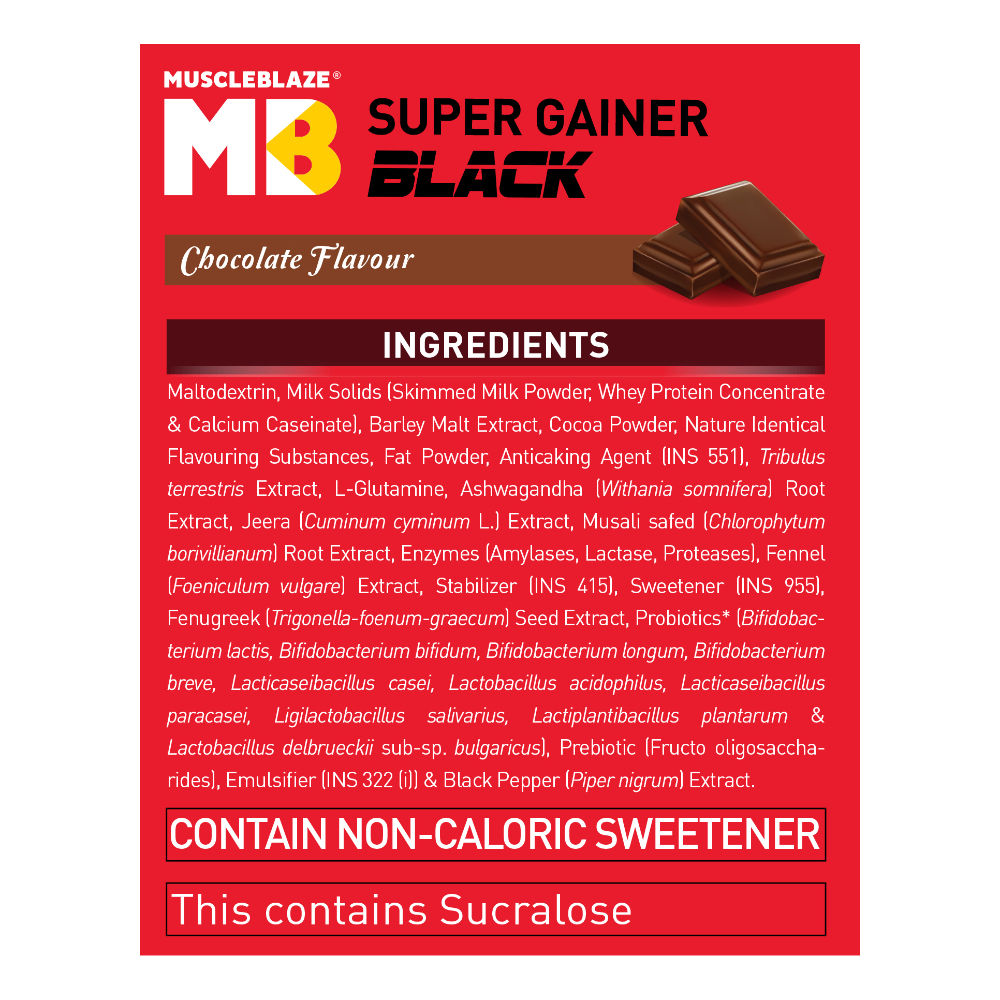 MuscleBlaze Super Gainer Black | EGF | Appetite & Testo Blend | Muscle Mass Gain | Chocolate