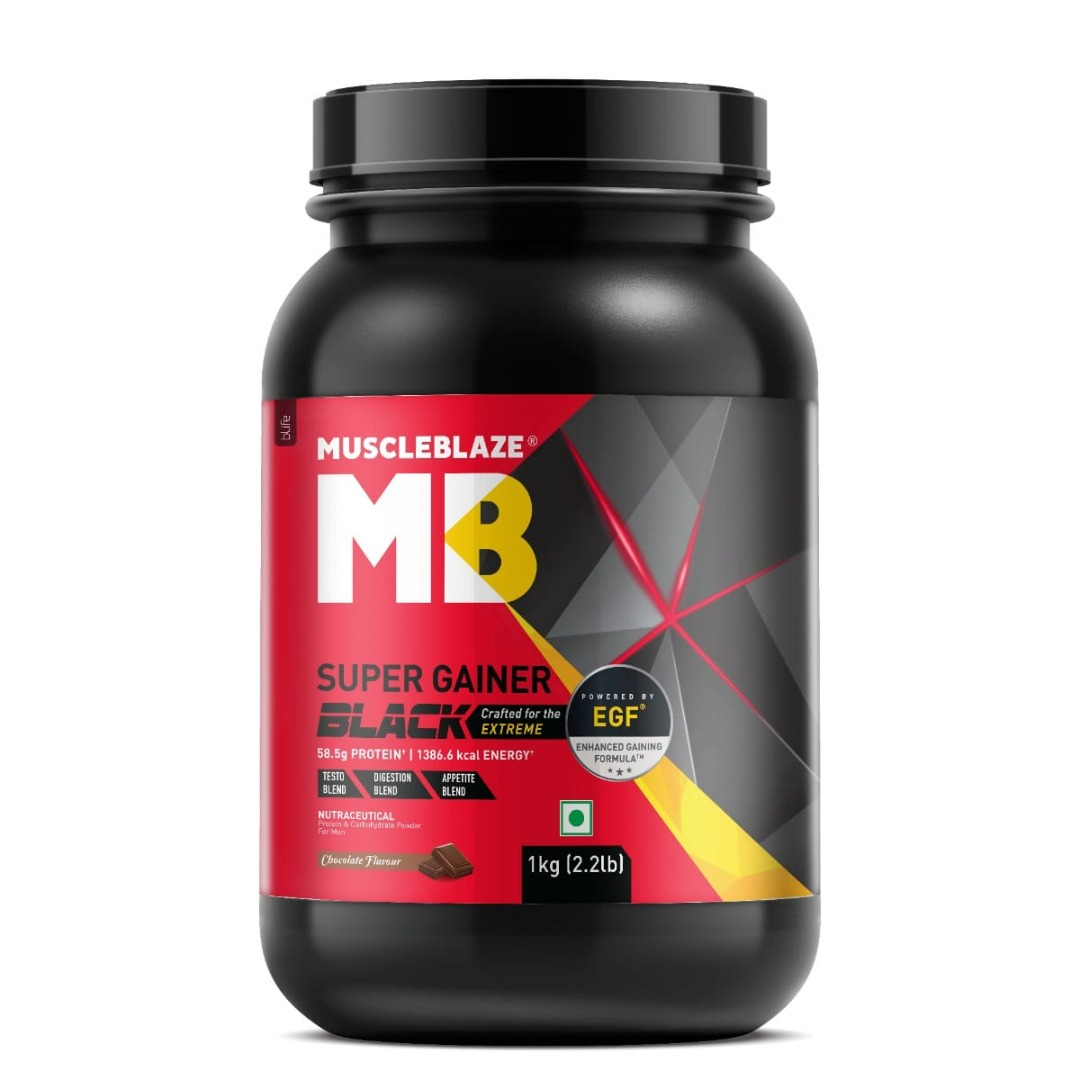 MuscleBlaze Super Gainer Black | EGF | Appetite & Testo Blend | Muscle Mass Gain | Chocolate