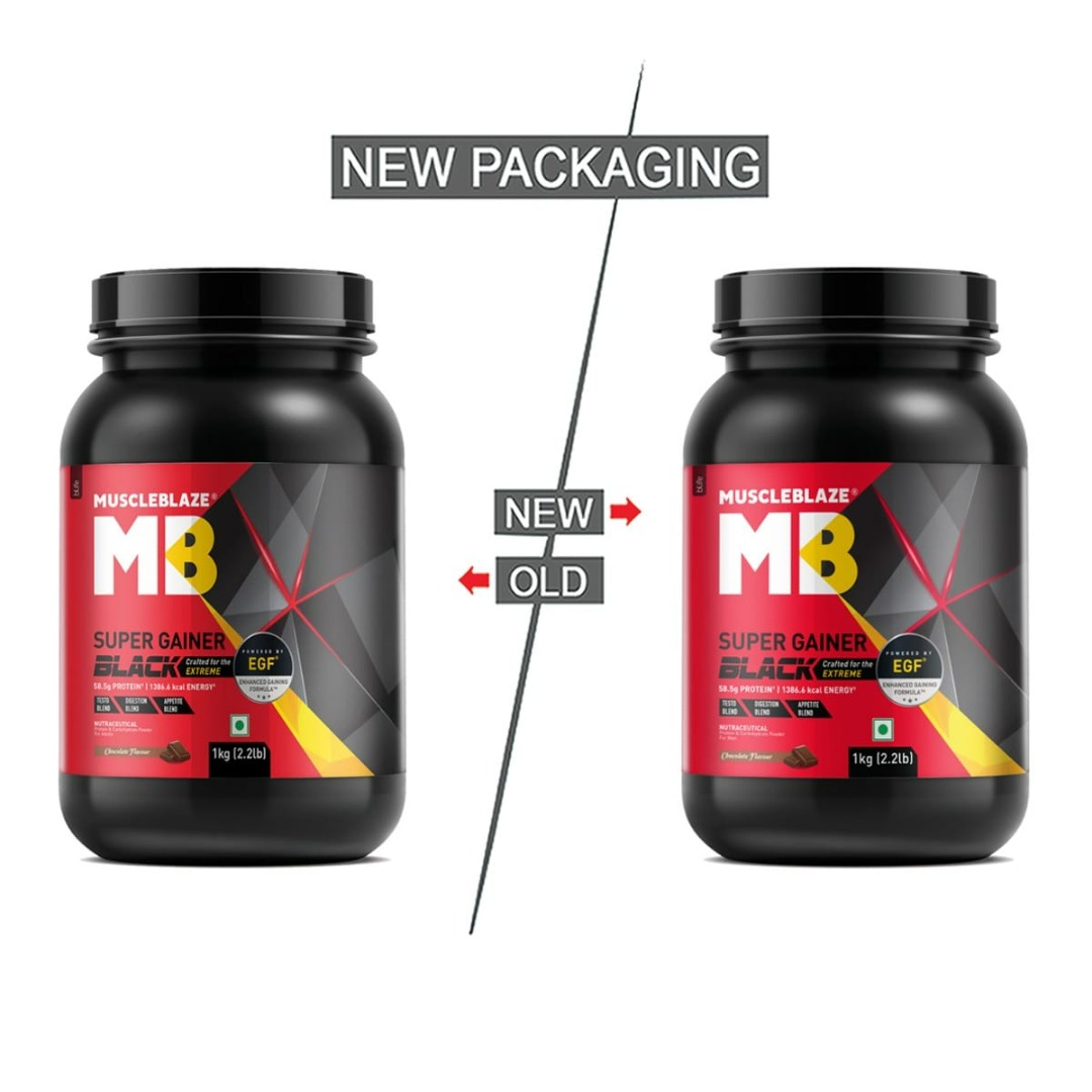 MuscleBlaze Super Gainer Black | EGF | Appetite & Testo Blend | Muscle Mass Gain | Chocolate