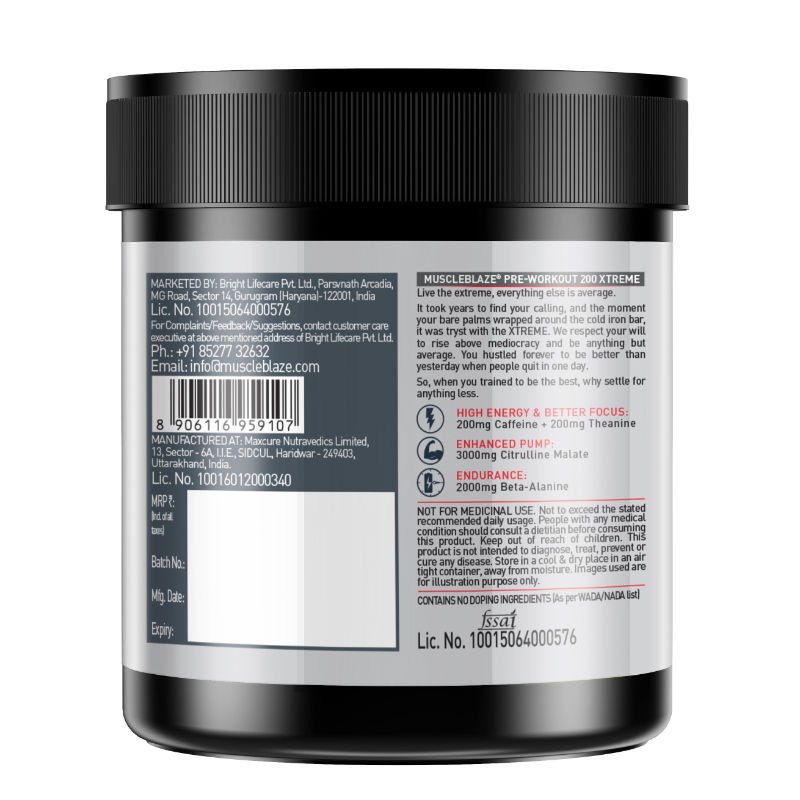MuscleBlaze Pre-Workout 200 Xtreme | 200mg Caffeine | 200mg Theanine | Beta-Alanine & Citrulline | Berry Bolt