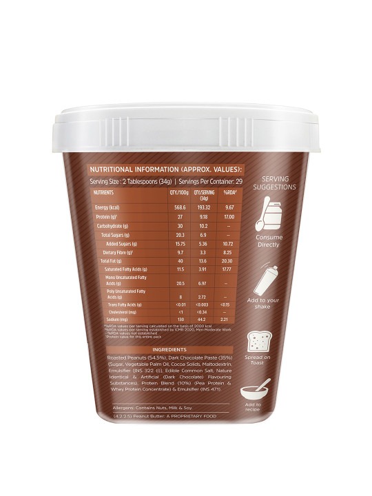 MuscleBlaze High Protein Peanut Butter | Pea & Whey Protein | 30g Protein | Dark Chocolate | Crunchy
