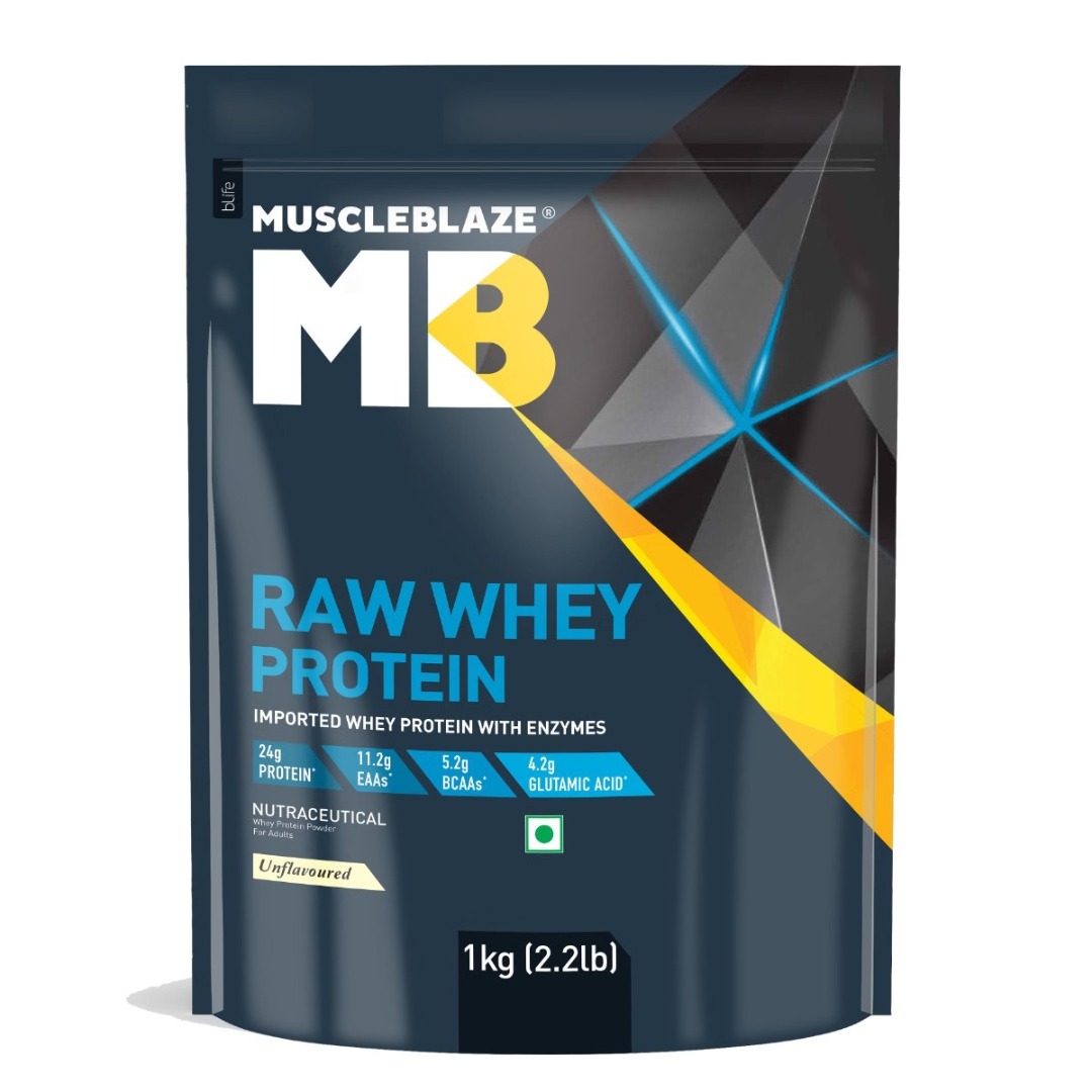 MuscleBlaze Raw Whey Protein Concentrate 70% | Digestive Enzymes | Light & Clean | Unflavoured