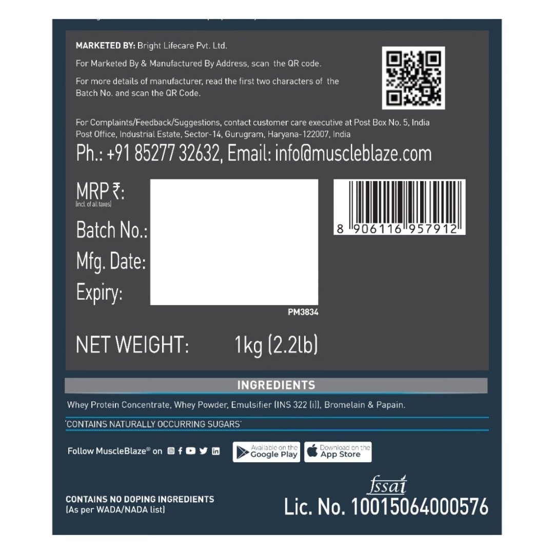 MuscleBlaze Raw Whey Protein Concentrate 70% | Digestive Enzymes | Light & Clean | Unflavoured
