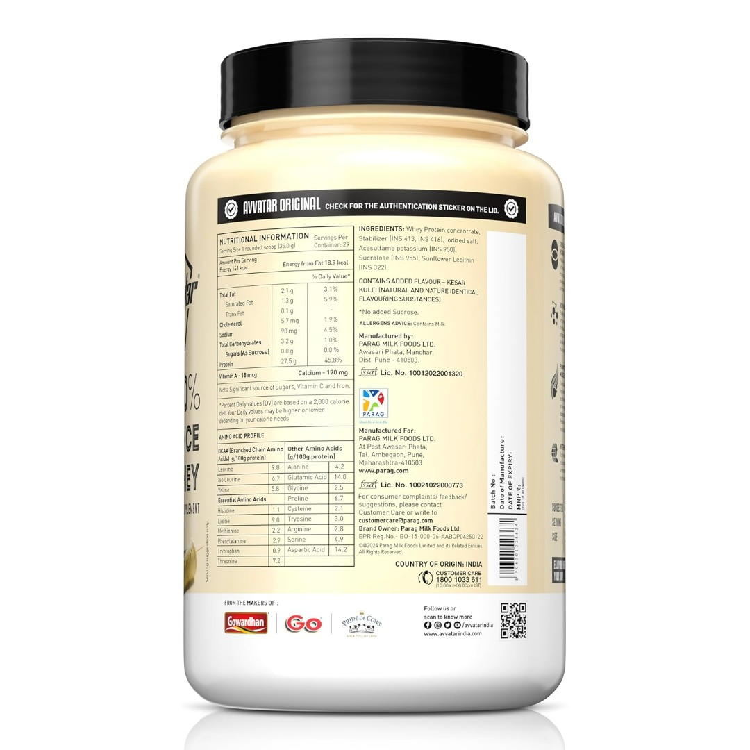 Avvatar 100% Performance Whey Protein | 27.5g Protein | 6.1g BCAA | Lean Muscle | Malai Kulfi