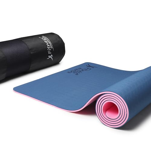Fitness Mantra Premium TPE Dual Color Yoga Mat | Anti-Slip | 6mm | Cover Bag | Navy Blue and Pink