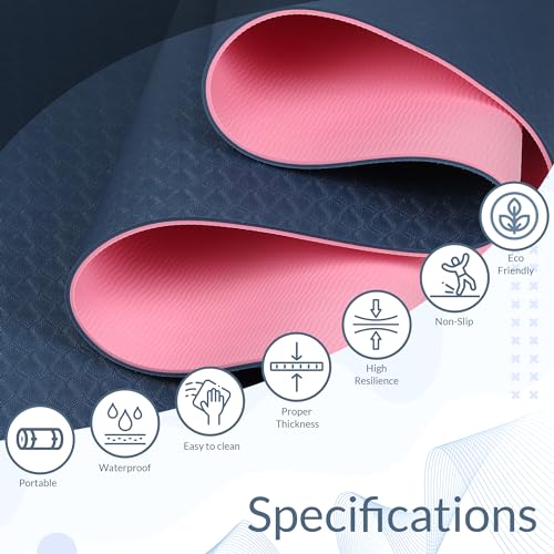 Fitness Mantra Premium TPE Dual Color Yoga Mat | Anti-Slip | 6mm | Cover Bag | Navy Blue and Pink