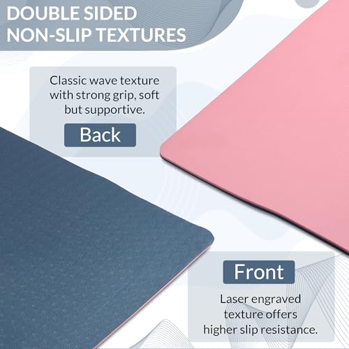 Fitness Mantra Premium TPE Dual Color Yoga Mat | Anti-Slip | 6mm | Cover Bag | Navy Blue and Pink
