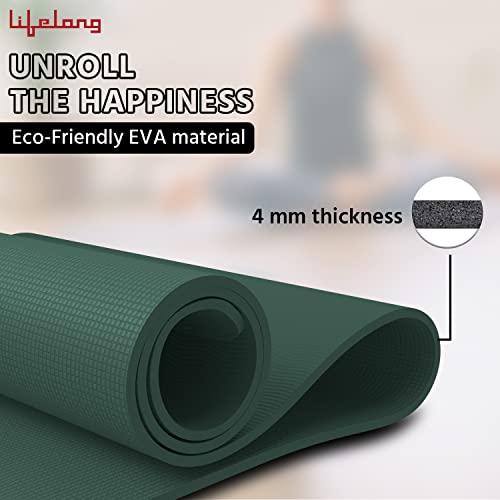 Lifelong EVA Anti-Slip Yoga Mat | Strap | 4mm | Exercise and Gym | Green