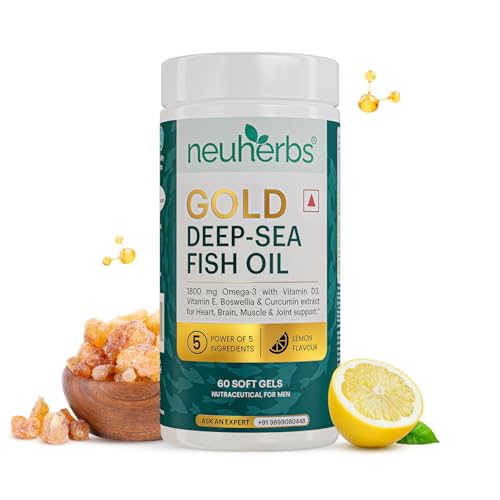 Neuherbs Gold Deep Sea Omega-3 Fish Oil | EPA 1080mg & DHA 720mg | Vitamin D3 & E