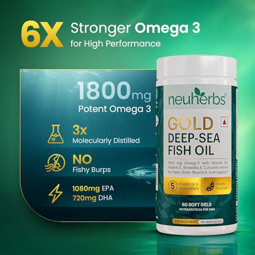 Neuherbs Gold Deep Sea Omega-3 Fish Oil | EPA 1080mg & DHA 720mg | Vitamin D3 & E
