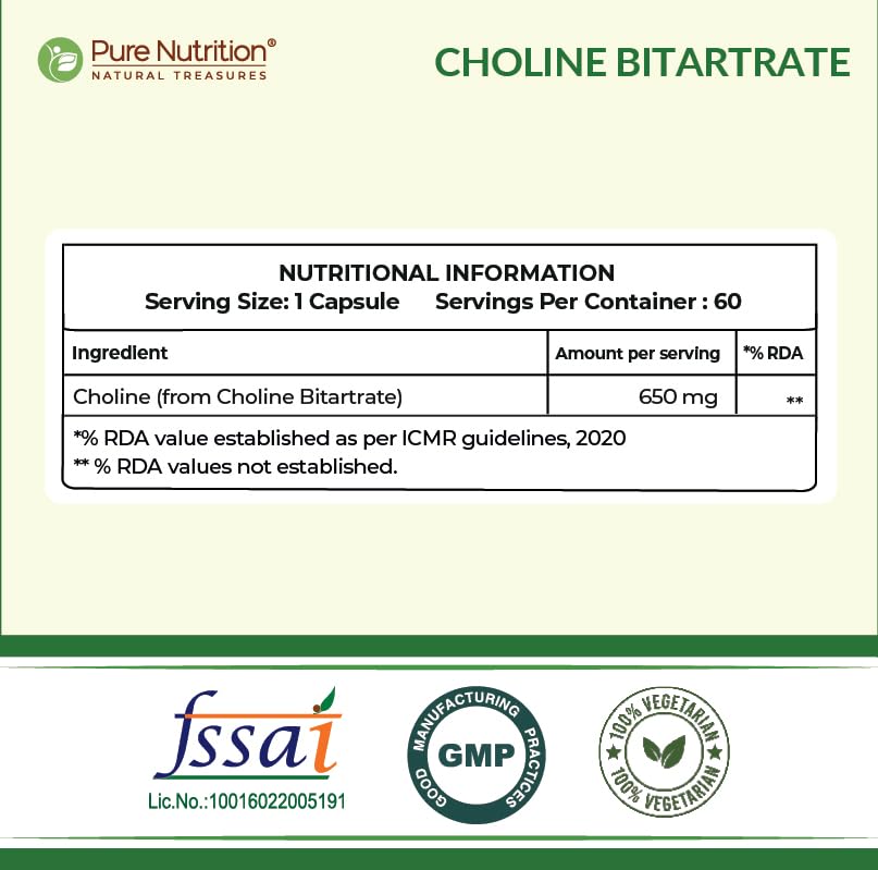Pure Nutrition Choline Bitartrate 650Mg-60 Veg Capsules-Brain & Nerve Support