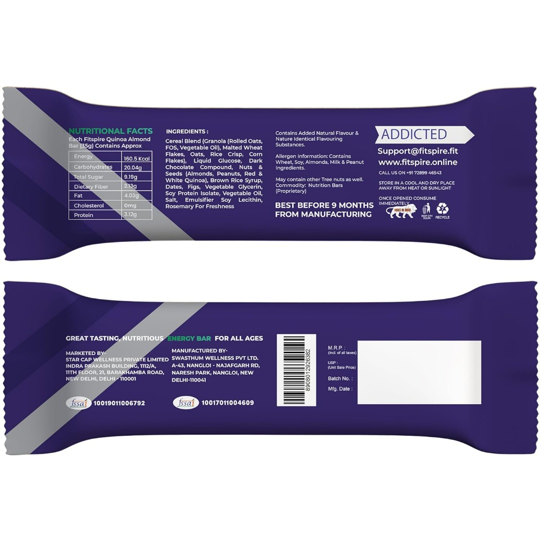 Fitspire Energy Bar | Natural Energy Boost | Active Lifestyle Snack | Naturally Sweetened | Quinoa Almond