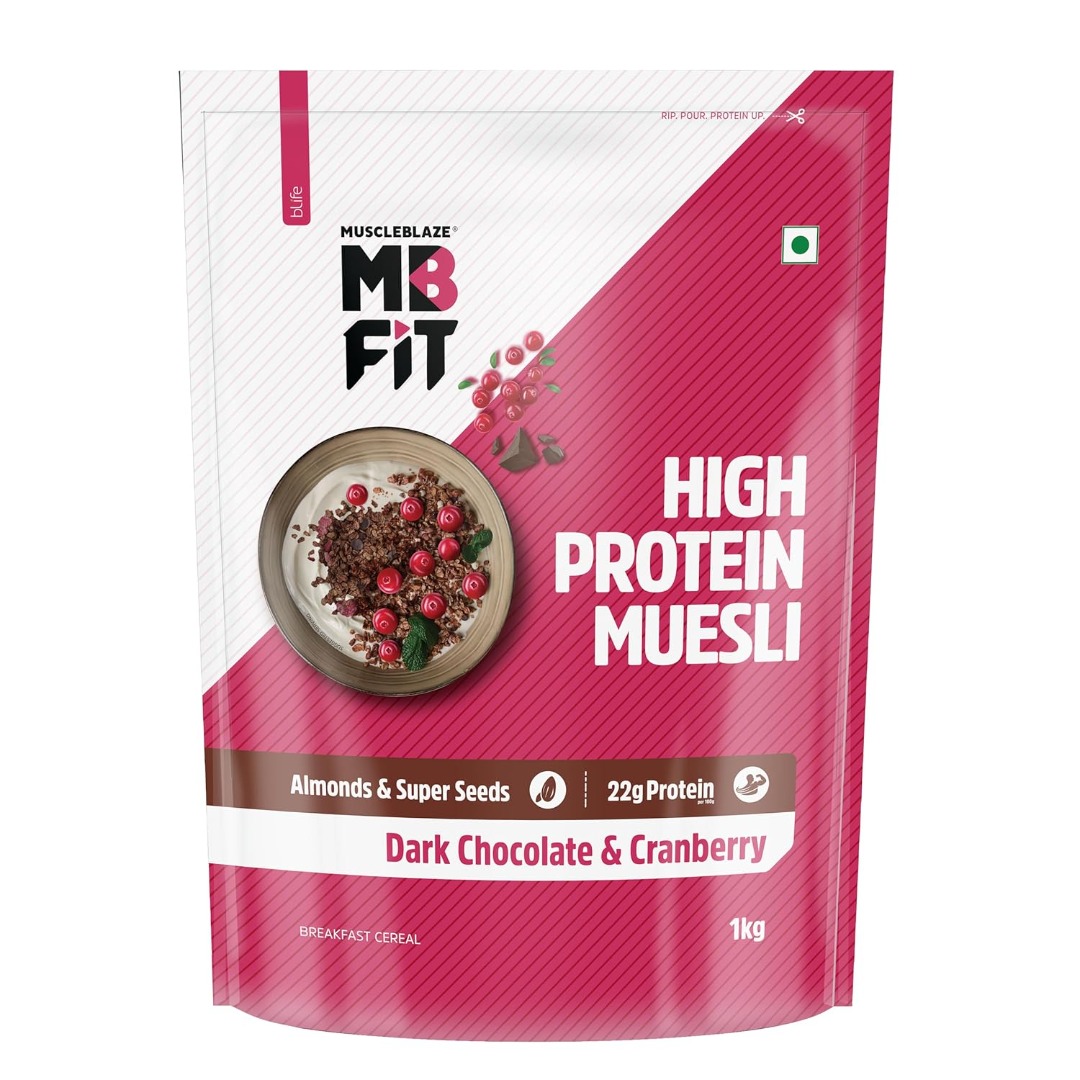 MuscleBlaze High Protein Muesli | Dark Chocolate Cranberry | 18g Protein | Superseeds & Almonds