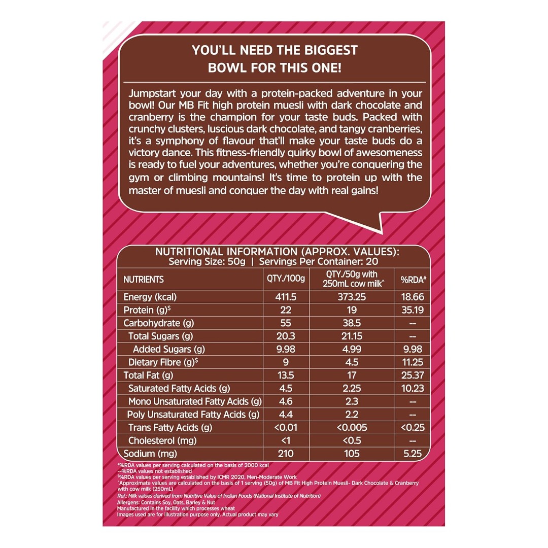 MuscleBlaze High Protein Muesli | Dark Chocolate Cranberry | 18g Protein | Superseeds & Almonds