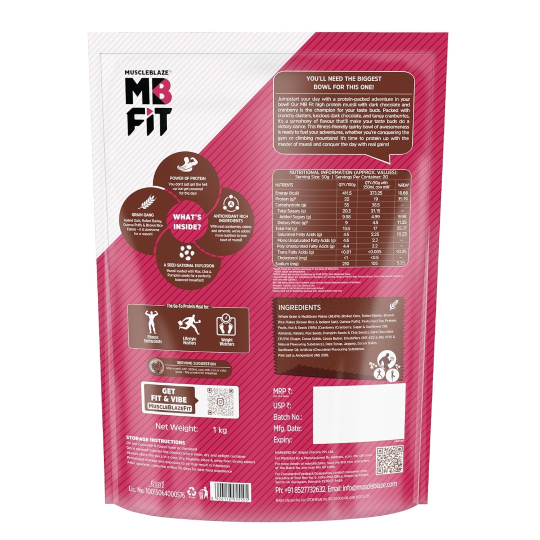 MuscleBlaze High Protein Muesli | Dark Chocolate Cranberry | 18g Protein | Superseeds & Almonds