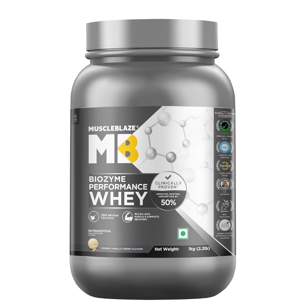 MuscleBlaze Biozyme Performance Whey | 25g Protein | Higher Absorption | EAF | Labdoor Certified | French Vanilla Cr?me