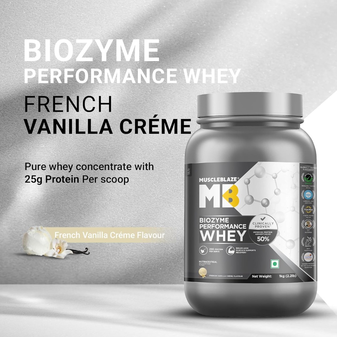 MuscleBlaze Biozyme Performance Whey | 25g Protein | Higher Absorption | EAF | Labdoor Certified | French Vanilla Cr?me