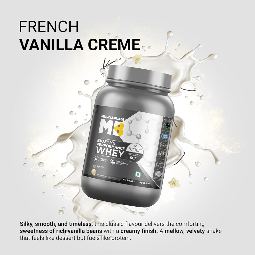 MuscleBlaze Biozyme Performance Whey | 25g Protein | Higher Absorption | EAF | Labdoor Certified | French Vanilla Cr?me